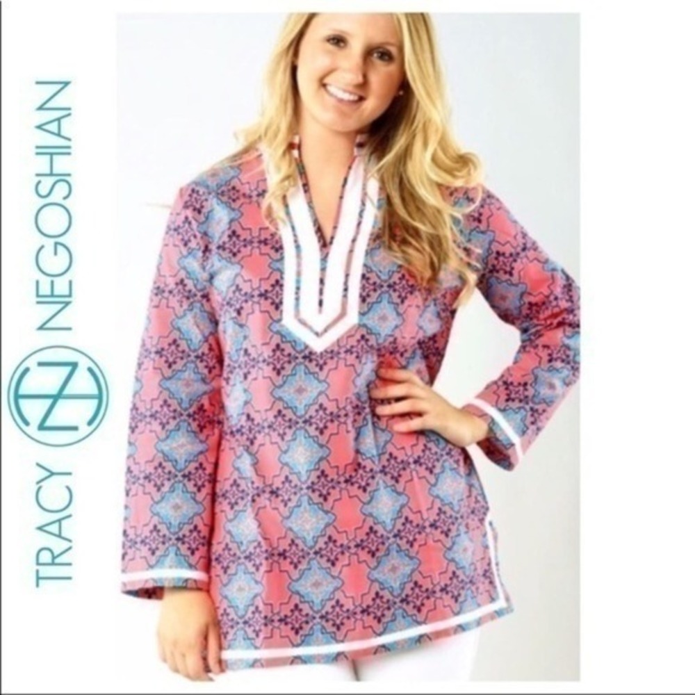 NWT‎ Tracy Negoshian Abby Greek Key Pink Tunic Top